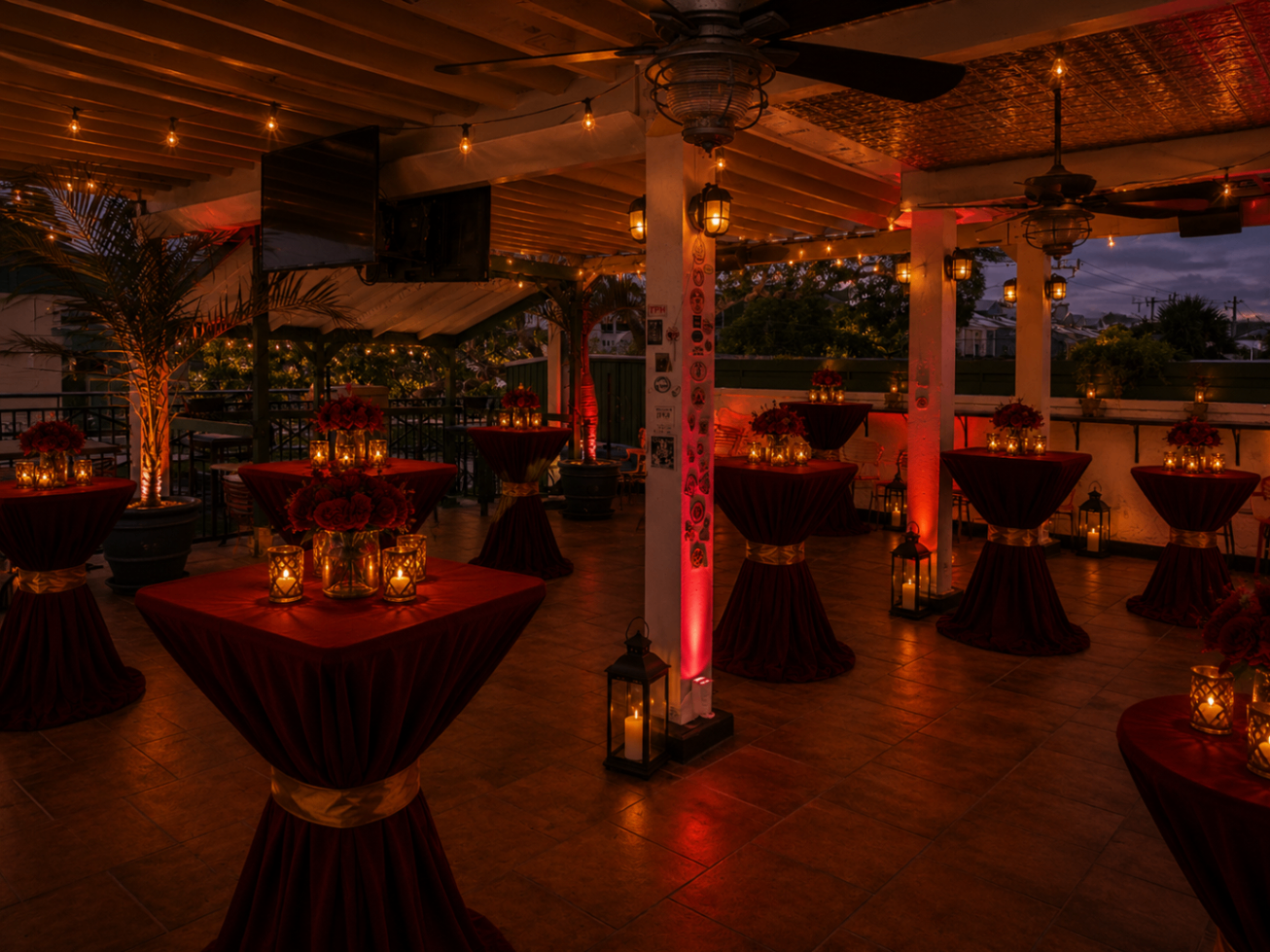 Wide evening view of the Scarlett Soirée rooftop floor with candlelit cocktail tables and warm uplighting