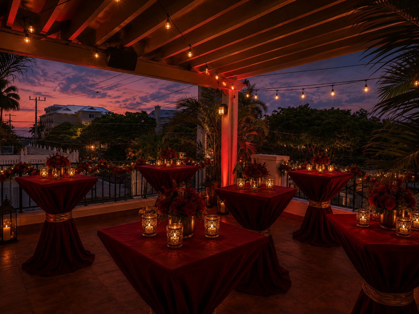 Open-air Scarlett Soirée rooftop corner at dusk with candlelit tables overlooking Key West