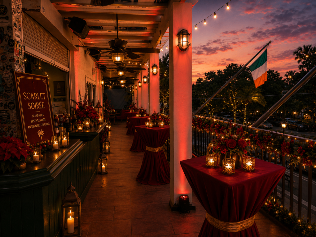 Sunset terrace view at Scarlett Soirée with illuminated columns, florals, and evening skyline